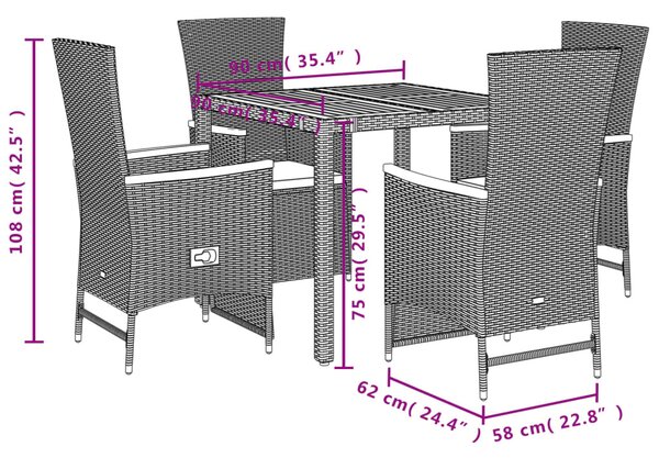 5 részes fekete polyrattan kerti étkezőgarnitúra párnákkal