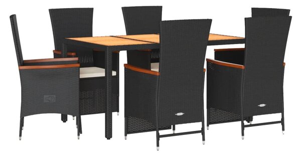 7 részes fekete polyrattan kerti étkezőgarnitúra párnával
