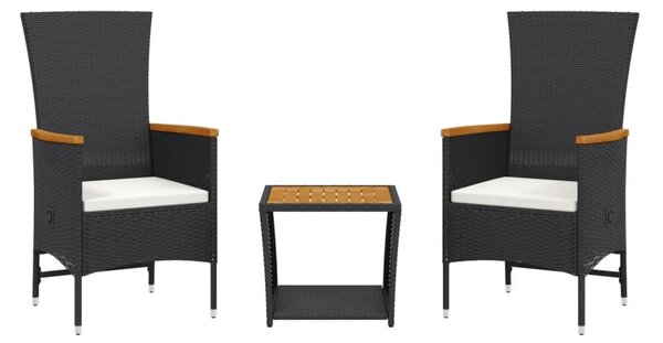 3 részes fekete polyrattan kerti étkezőgarnitúra párnákkal