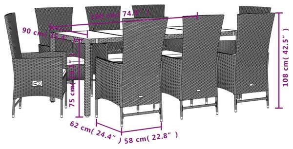 9 részes bézs polyrattan kerti étkezőgarnitúra párnákkal
