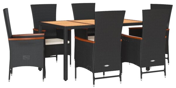 7 részes fekete polyrattan kerti étkezőgarnitúra párnával
