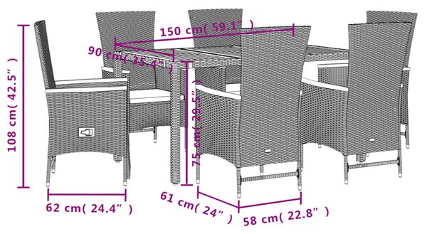 7 részes fekete polyrattan kerti étkezőgarnitúra párnával