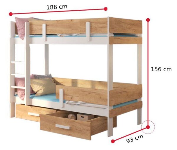 SETINA emeletes gyerekágy + 2x matrac, 80x180, fehér