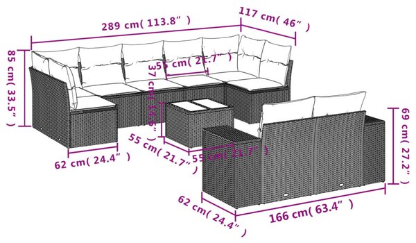 10 részes fekete polyrattan kerti ülőgarnitúra párnákkal