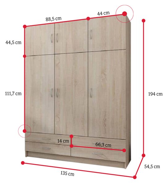 ANIMAL ruhásszekrény, 135x194 cm, sonoma tölgy