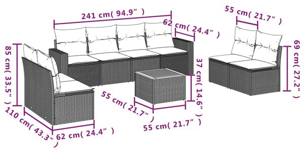 9 részes szürke polyrattan kerti ülőgarnitúra párnákkal