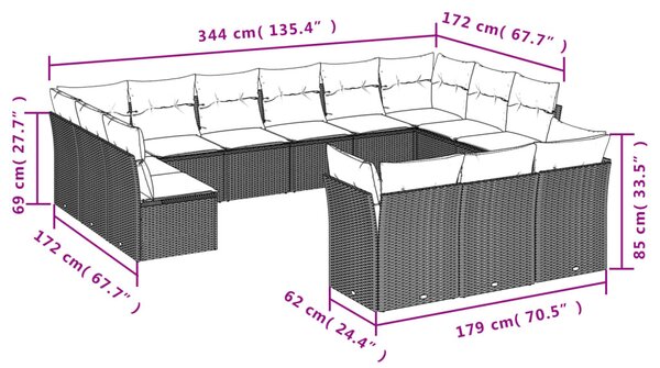 13 db fekete polyrattan kerti kanapégarnitúra párnákkal