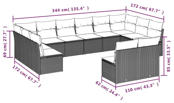 12 részes fekete polyrattan kerti ülőgarnitúra párnákkal