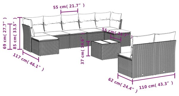 10 részes fekete polyrattan kerti ülőgarnitúra párnákkal