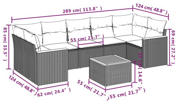 8 részes fekete polyrattan kerti ülőgarnitúra párnákkal