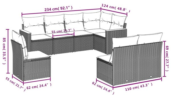 8 részes bézs polyrattan kerti ülőgarnitúra párnával