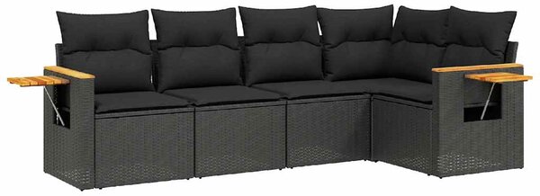 5 részes fekete polyrattan kerti kanapészett párnákkal