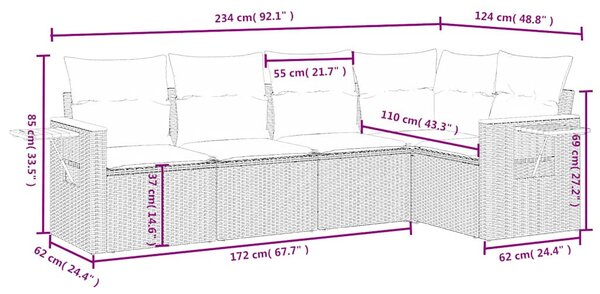5 részes fekete polyrattan kerti kanapészett párnákkal