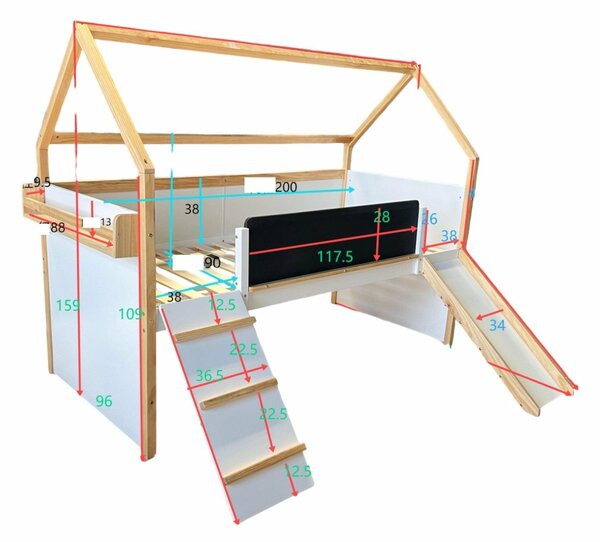 GINGER HOME Montessori gyerek emeletes házikó ágy csúszdával és krétatáblával – 90x200 cm ágyráccsal