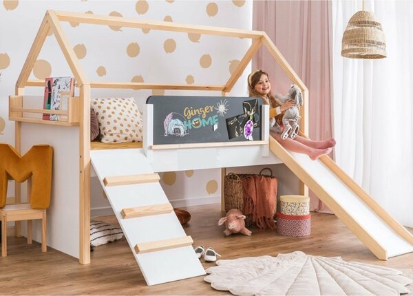 GINGER HOME Montessori gyerek emeletes házikó ágy csúszdával és krétatáblával – 90x200 cm ágyráccsal