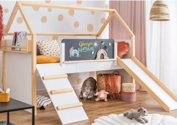 GINGER HOME Montessori gyerek emeletes házikó ágy csúszdával és krétatáblával – 90x200 cm ágyráccsal