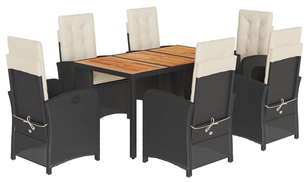 7 részes fekete polyrattan kerti étkezőgarnitúra párnával