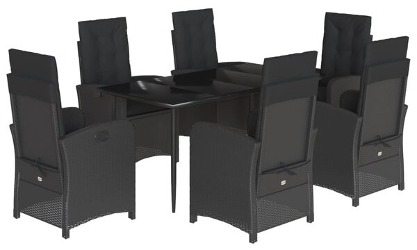 7 részes fekete polyrattan kerti étkezőgarnitúra párnával