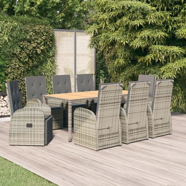 9 részes szürke polyrattan kerti étkezőgarnitúra párnával