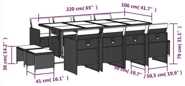 13részes vegyes bézs polyrattan kerti étkezőgarnitúra párnákkal