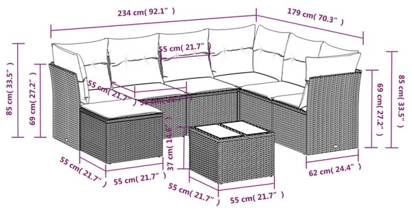 8 részes szürke polyrattan kerti ülőgarnitúra párnákkal