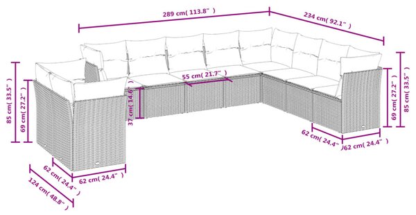 10 részes szürke polyrattan kerti ülőgarnitúra párnákkal