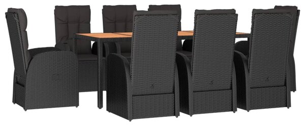 9 részes fekete polyrattan kerti étkezőgarnitúra párnákkal