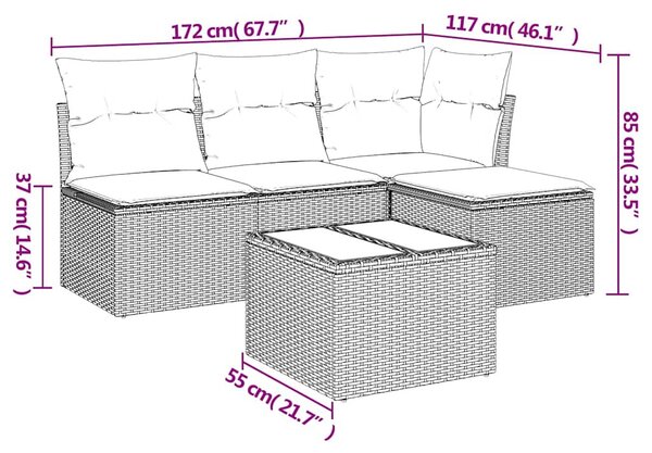 5 részes fekete polyrattan kerti kanapészett párnákkal