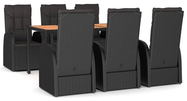 7 részes fekete polyrattan kerti étkezőgarnitúra párnával