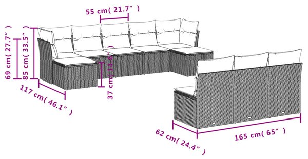10 részes fekete polyrattan kerti ülőgarnitúra párnákkal