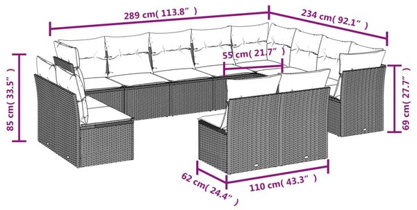 12 db fekete polyrattan kerti kanapégarnitúra párnákkal