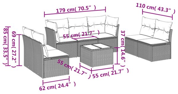 8 részes fekete polyrattan kerti ülőgarnitúra párnákkal
