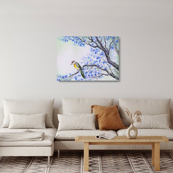 Kép - Madár egy fán kék virágokkal (üvegen) (70x50 cm)