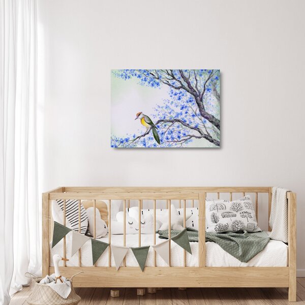 Kép - Madár egy fán kék virágokkal (üvegen) (70x50 cm)