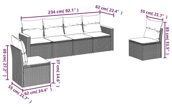6 részes fekete polyrattan kerti ülőgarnitúra párnákkal