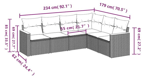 6 részes fekete polyrattan kerti ülőgarnitúra párnákkal