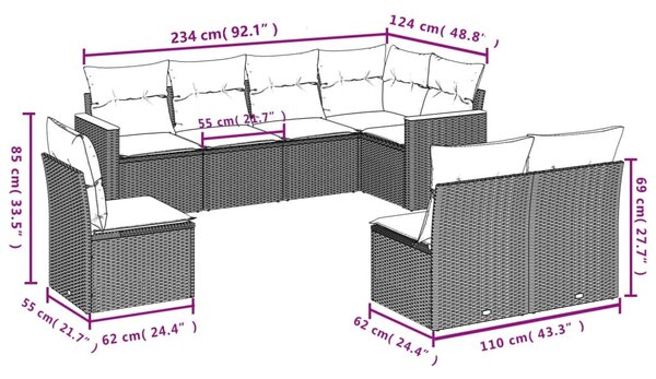 8 részes szürke polyrattan kerti ülőgarnitúra párnákkal
