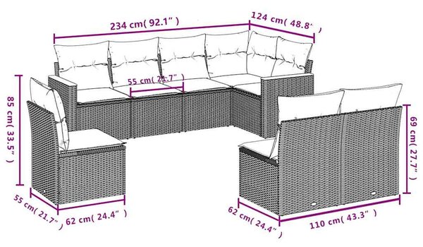8 részes fekete polyrattan kerti ülőgarnitúra párnákkal