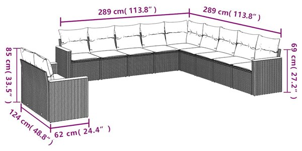 11 részes fekete polyrattan kerti ülőgarnitúra párnákkal
