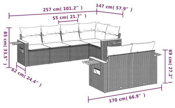 7 részes fekete polyrattan kerti ülőgarnitúra párnával