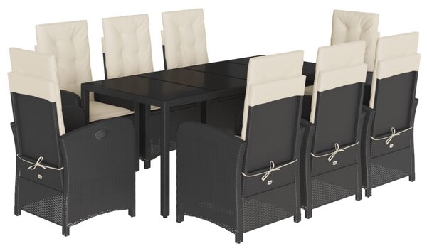 9 részes fekete polyrattan kerti étkezőgarnitúra párnákkal