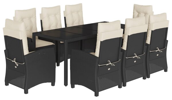 9 részes fekete polyrattan kerti étkezőgarnitúra párnákkal