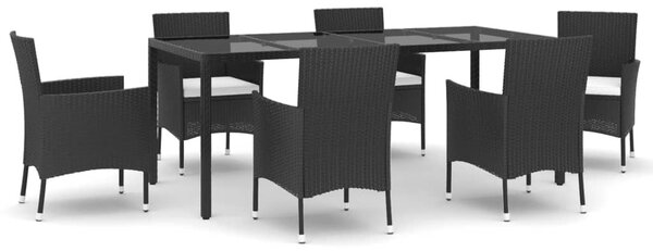 7 részes fekete polyrattan kerti étkezőgarnitúra párnával