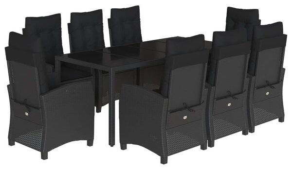 9 részes fekete polyrattan kerti étkezőgarnitúra párnákkal