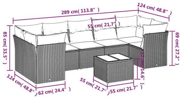8 részes szürke polyrattan kerti ülőgarnitúra párnákkal