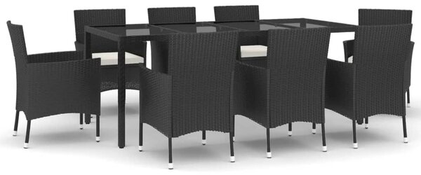 9 részes fekete polyrattan kerti étkezőgarnitúra párnákkal