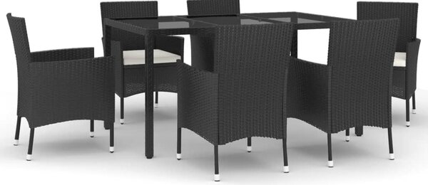 7 részes fekete polyrattan kerti étkezőgarnitúra párnával