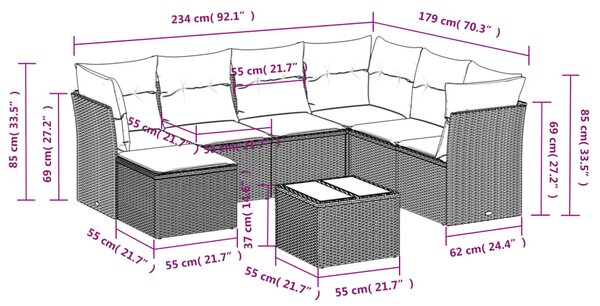 8 részes bézs polyrattan kerti ülőgarnitúra párnával