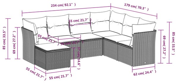 7 részes bézs polyrattan kerti ülőgarnitúra párnákkal