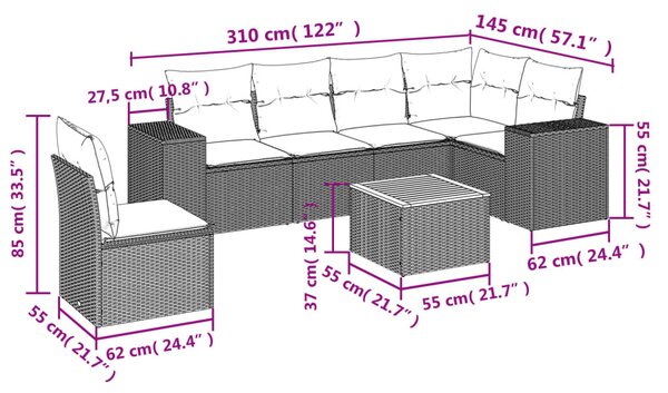 7 részes szürke polyrattan kerti ülőgarnitúra párnákkal